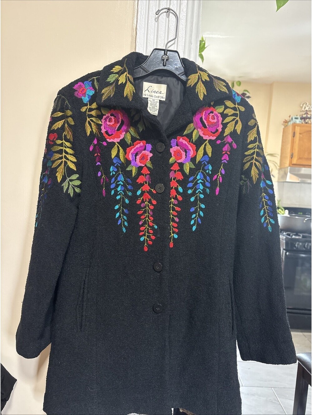 Linea by Louis Dell Olio Women's Floral Embroidered Black Coat Size Xs